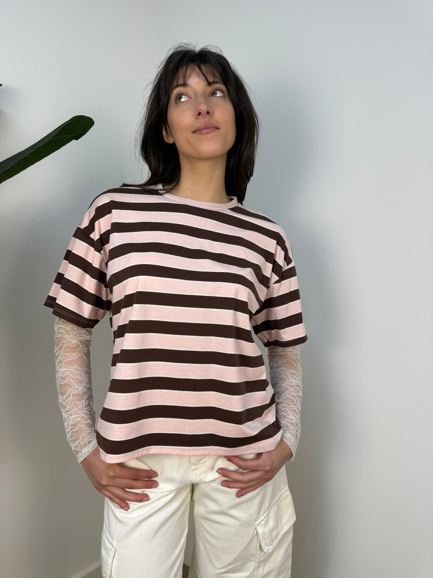 T-shirt a righe manica in pizzo Twoway