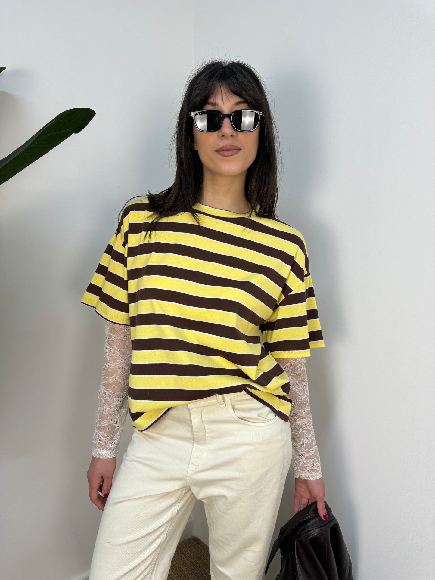 T-shirt a righe manica in pizzo Twoway