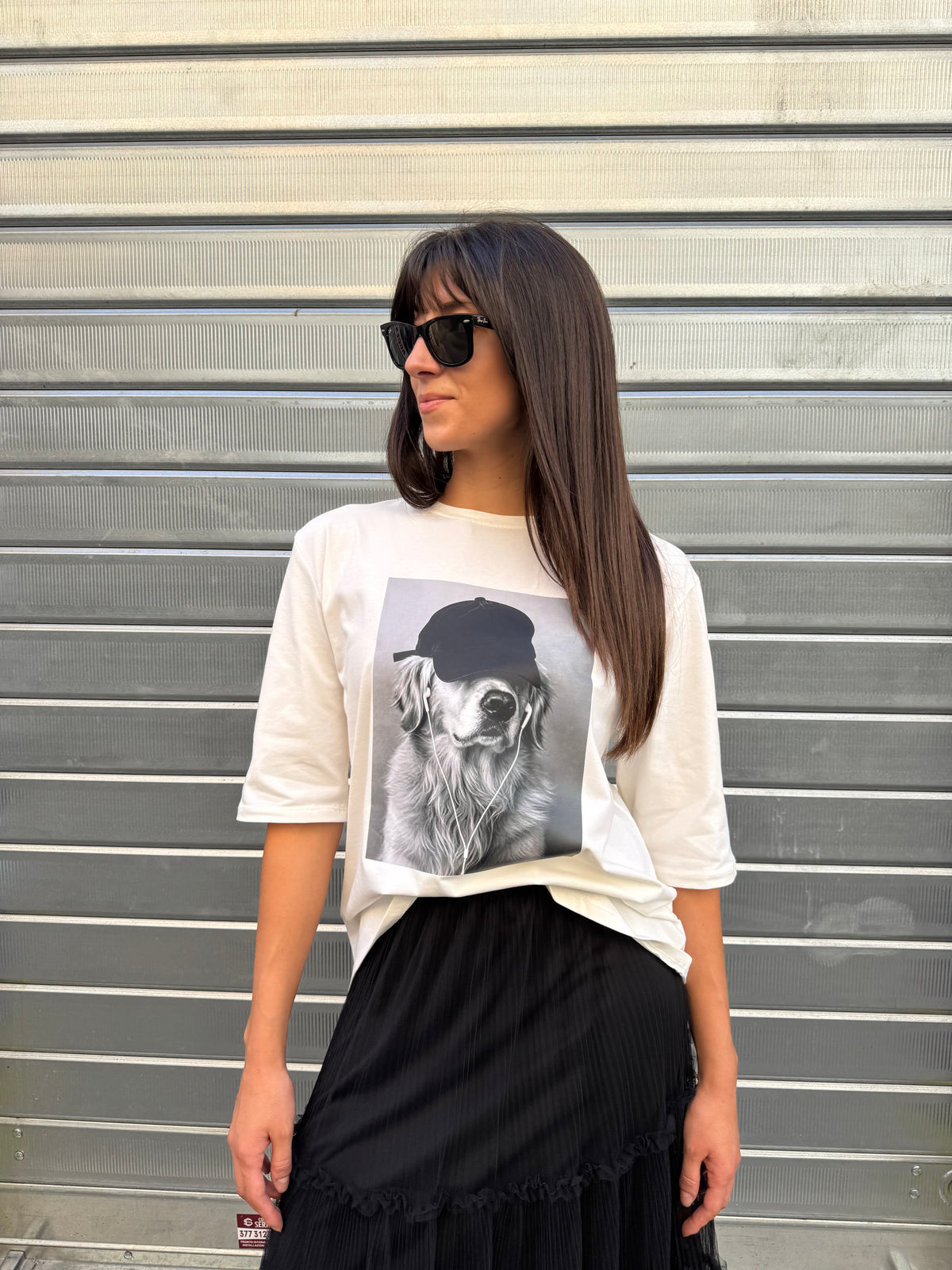 T-Shirt Oversize con Stampa Fotografica "Cool Dog" – Panna NA8239